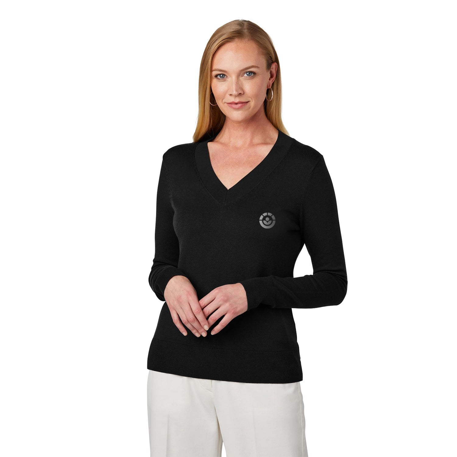 Brooks Brothers Women’s Cotton Stretch V-Neck Sweater Embroidered - Deep Black