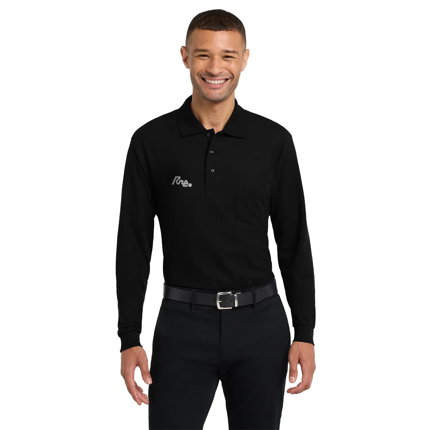 Port Authority Silk Touch Long Sleeve Embroidered Polo with Pocket - Black
