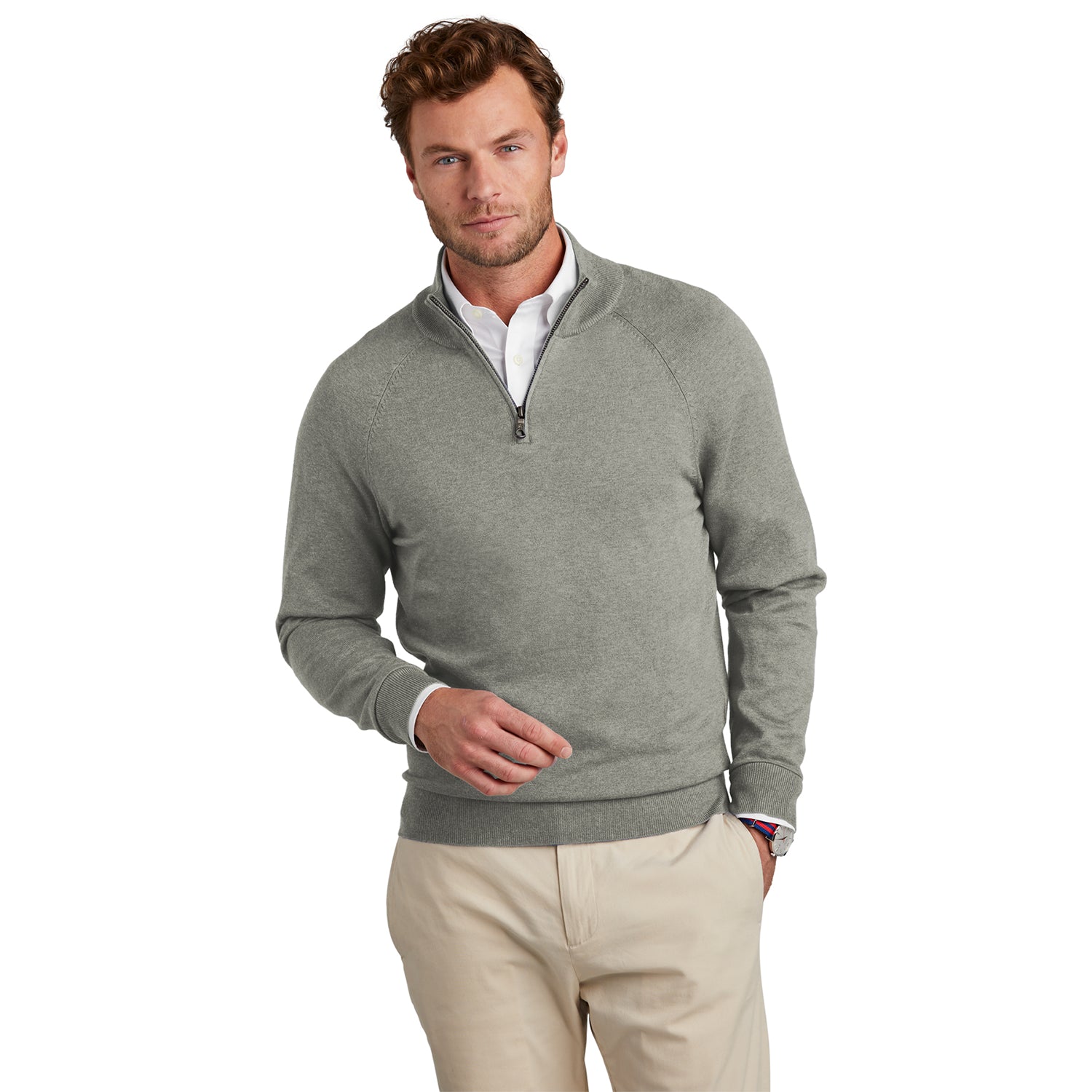 Brooks Brothers Cotton Stretch 1/4-Zip Sweater Embroidered - Light Shadow Grey Heather