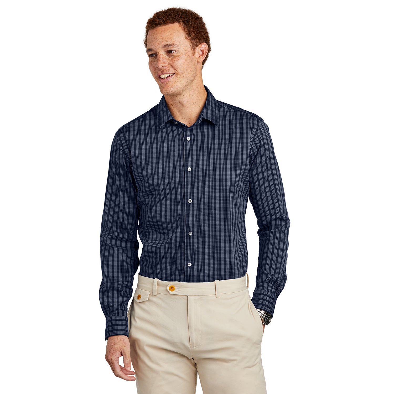 Brooks Brothers Tech Stretch Patterned Shirt Embroidered - Navy Blue Blazer/White Grid Check