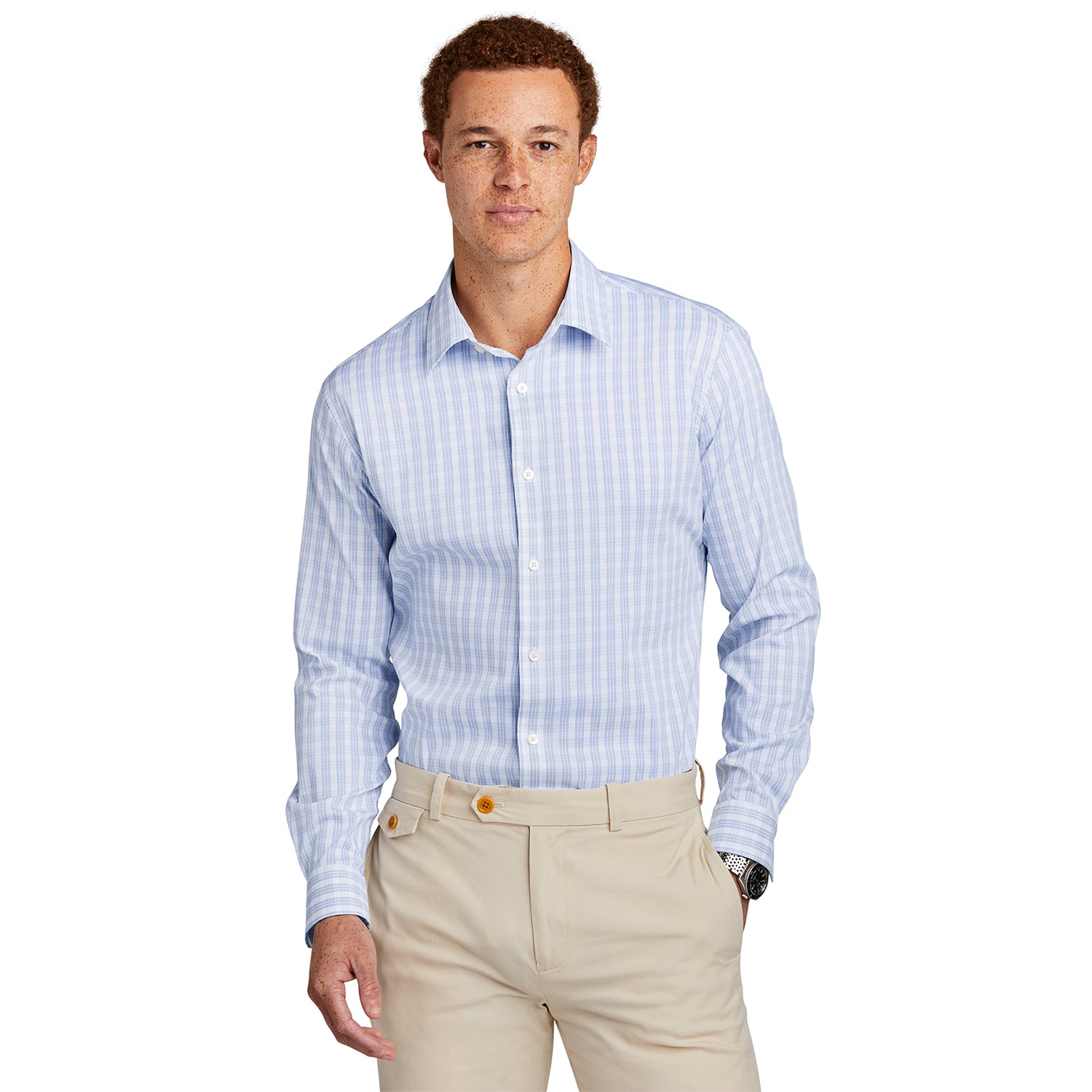 Brooks Brothers Tech Stretch Patterned Shirt Embroidered - White/Newport Blue Grid Check