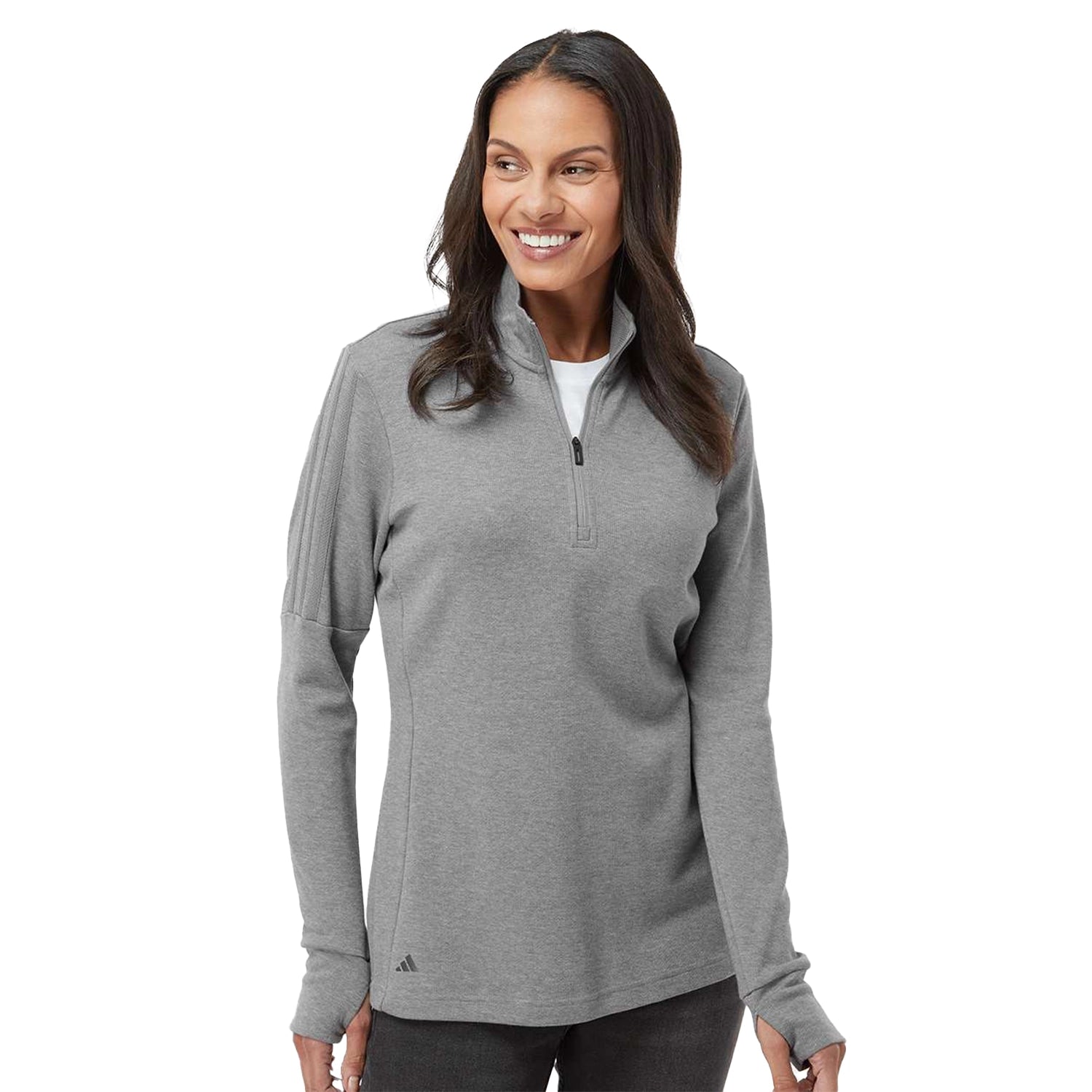 Adidas Women's 3-Stripes Quarter-Zip Sweater Embroidered - Grey Three Melange