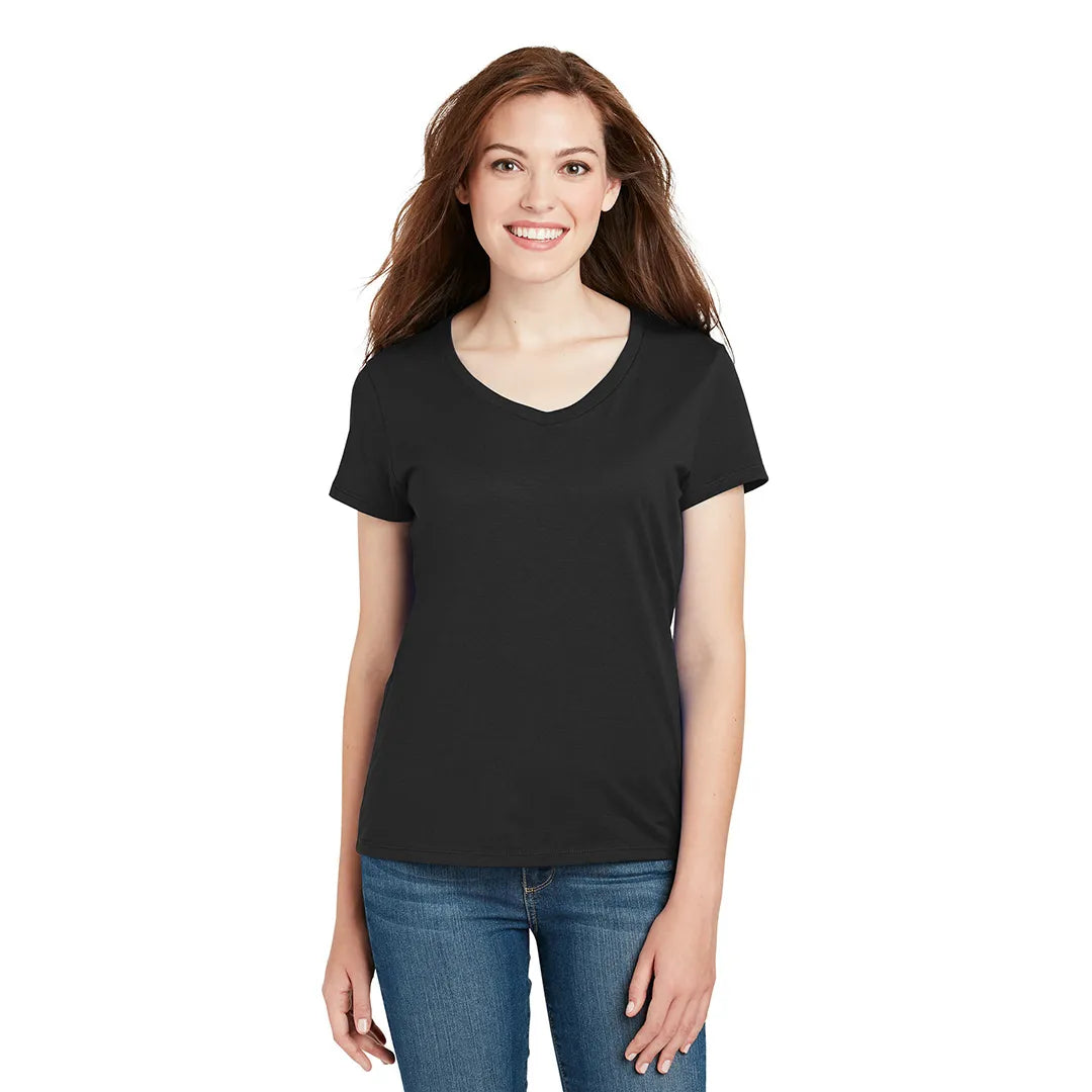 Hanes Women's Perfect-T Cotton V-Neck T-Shirt Decorated - Black (PMS BLACK 6C)