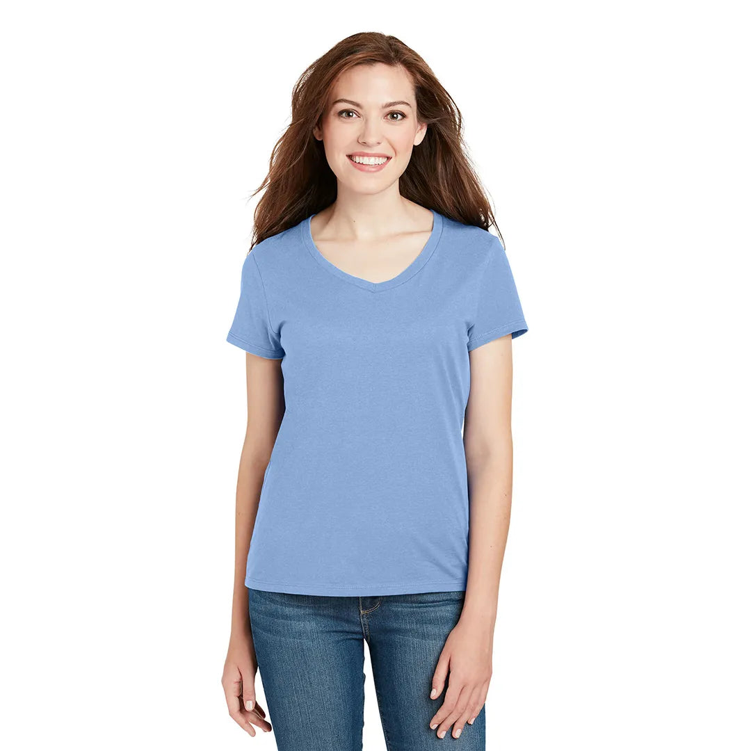 Hanes Women's Perfect-T Cotton V-Neck T-Shirt Decorated - Light Blue (PMS 283C)