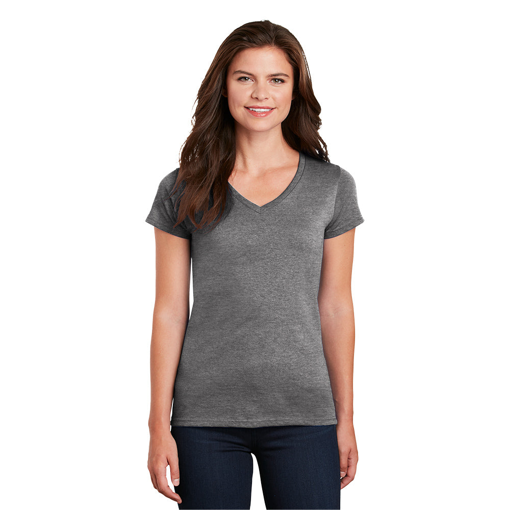 Gildan Women's Heavy Cotton 100% Cotton V-Neck T-Shirt Decorated in Heliconia Pink