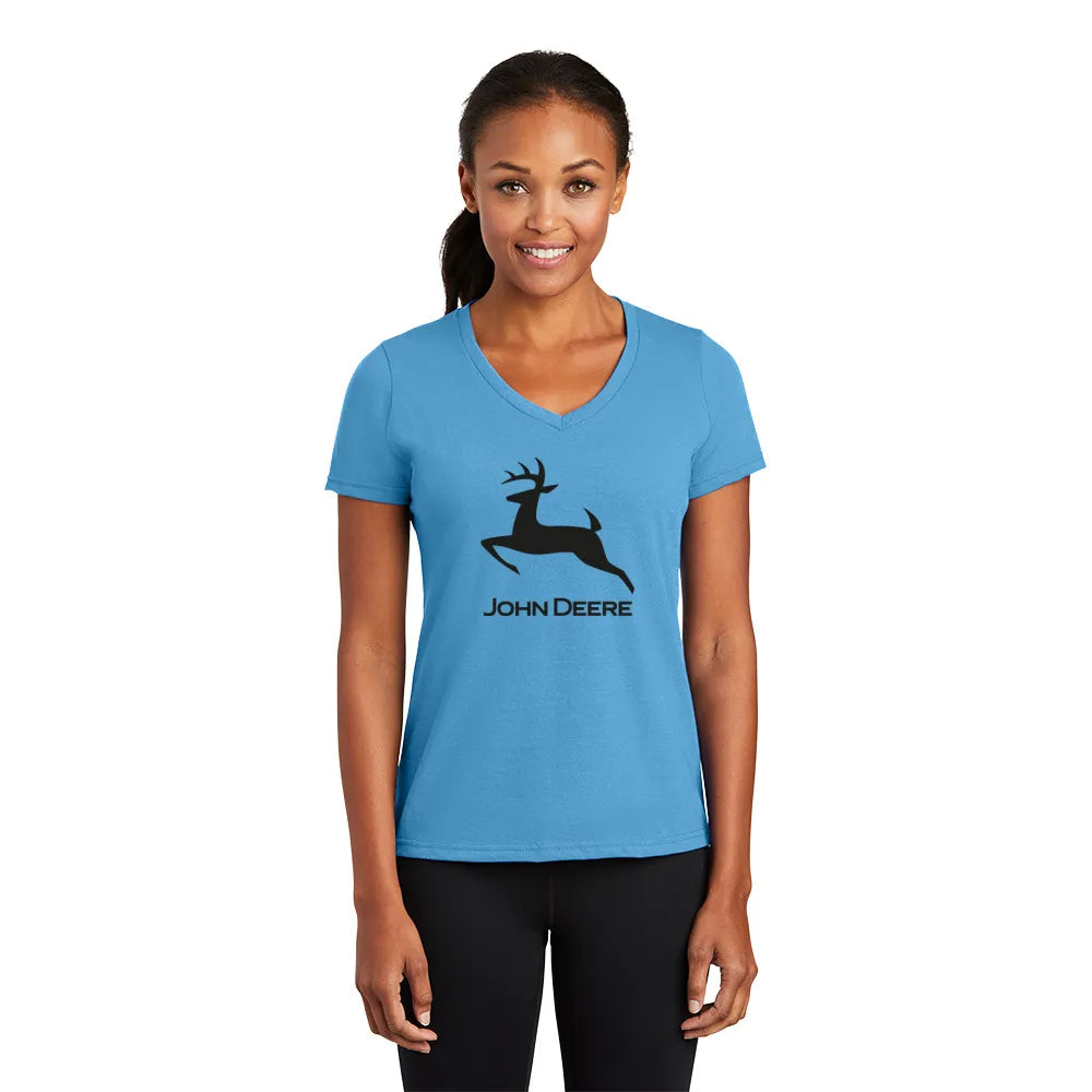 Port & Company Women's Performance Blend V-Neck Tee Decorated in Aquatic Blue