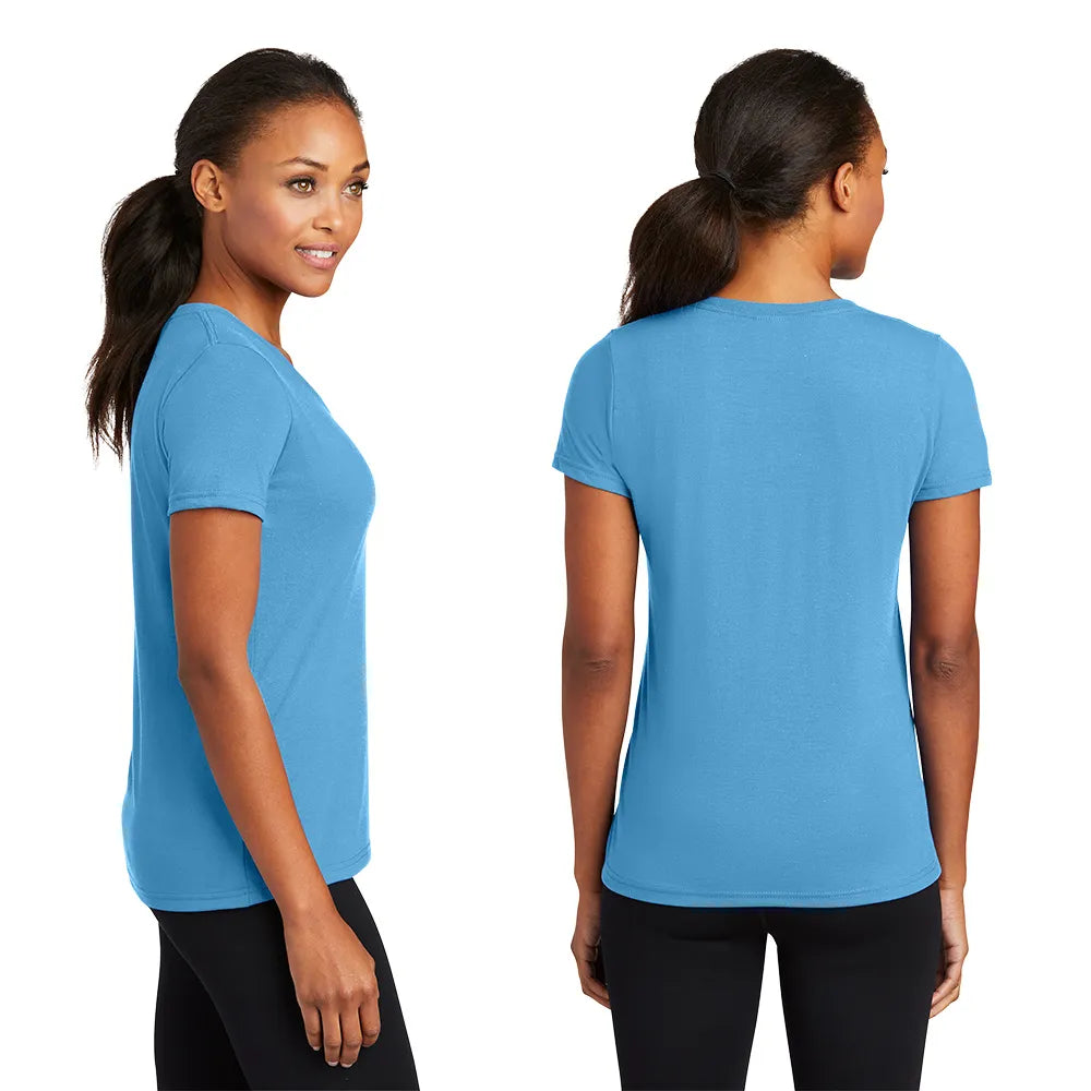 Port & Company Women's Performance Blend V-Neck Tee Decorated in Athletic Maroon Red