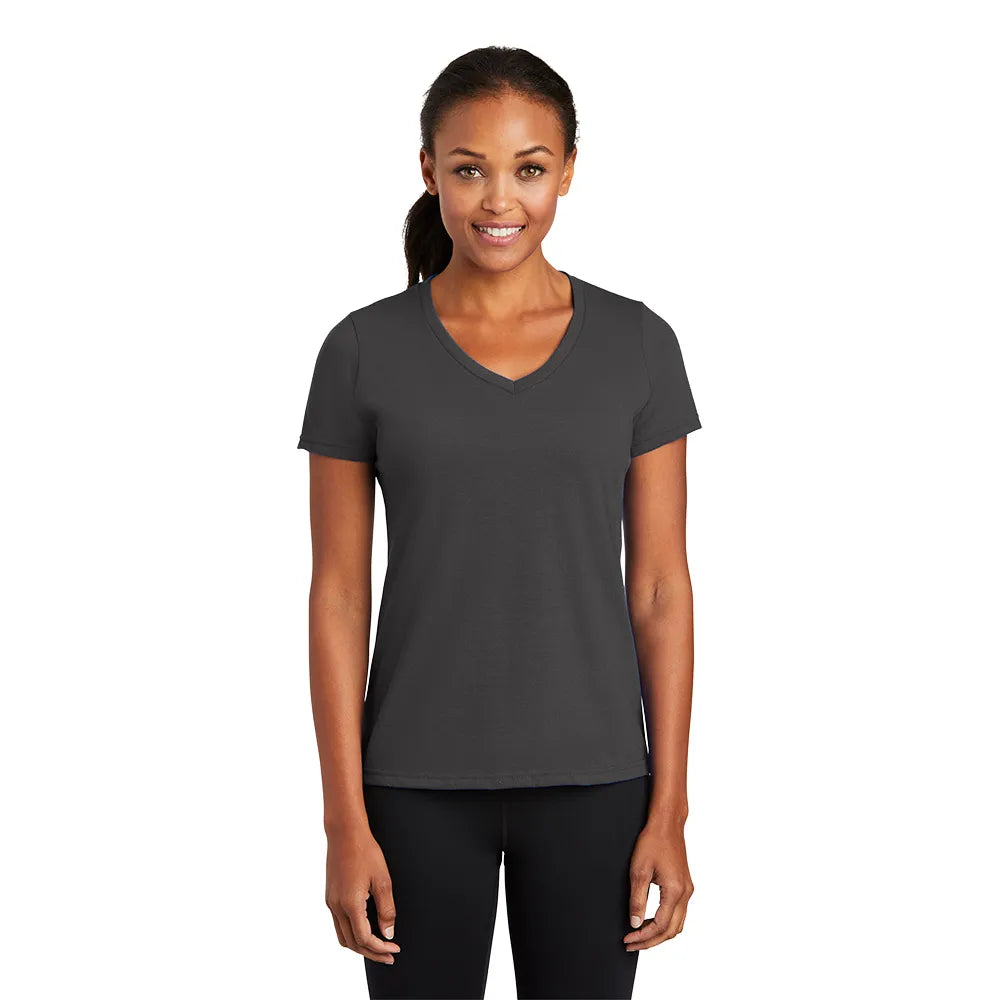 Port & Company Women's Performance Blend V-Neck Tee Decorated in Dark Green