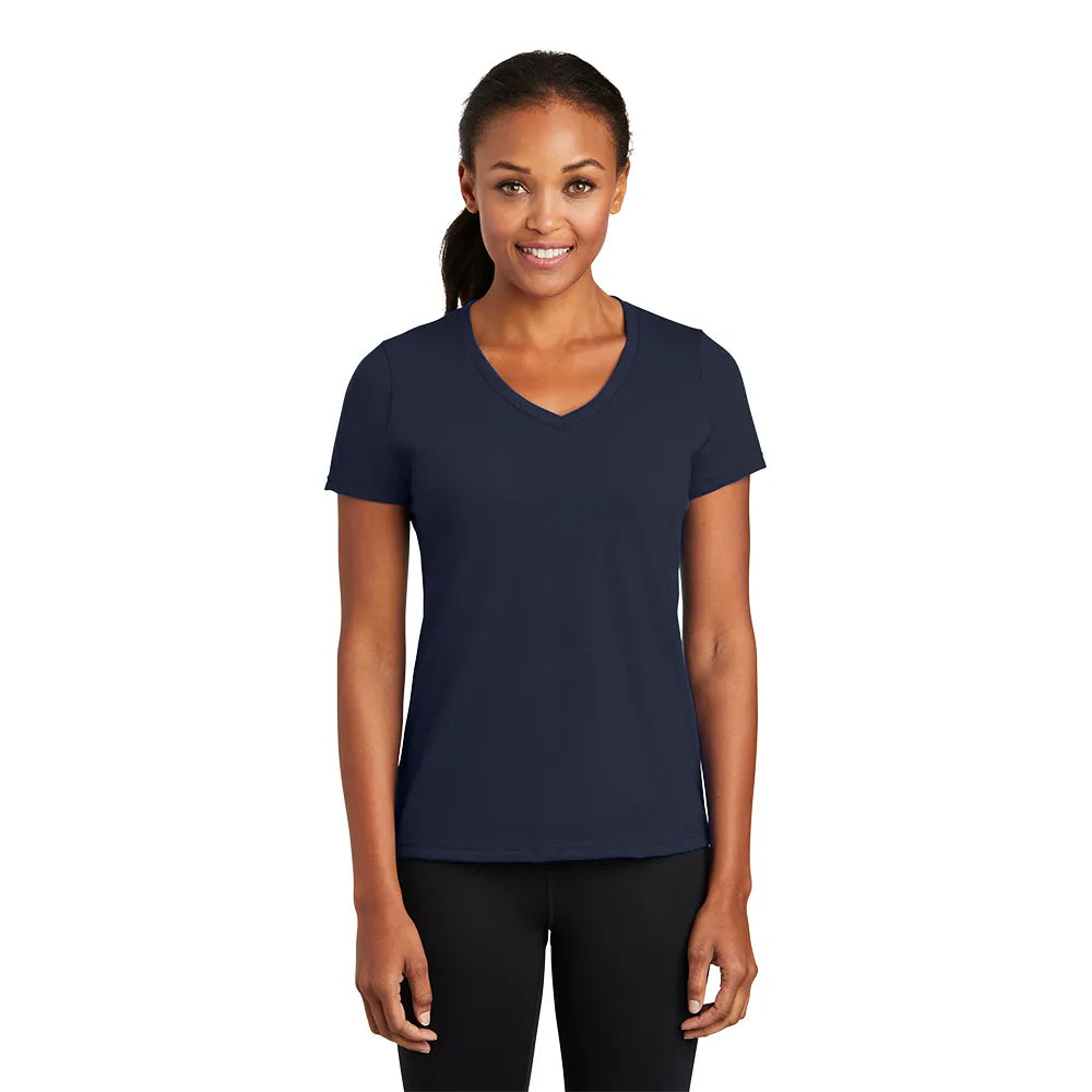 Port & Company Women's Performance Blend V-Neck Tee Decorated in Jet Black