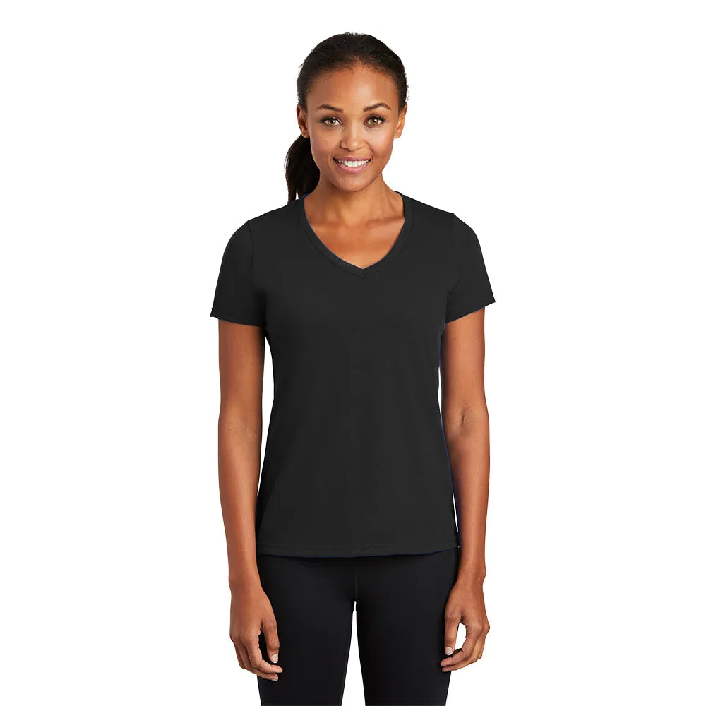 Port & Company Women's Performance Blend V-Neck Tee Decorated in Lime Green