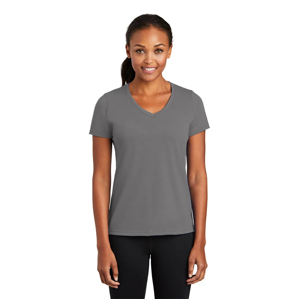 Port & Company Women's Performance Blend V-Neck Tee Decorated in Purple