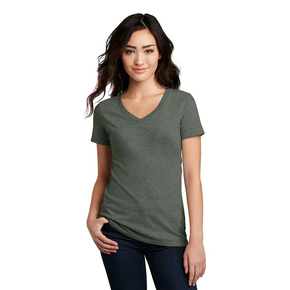 District Women’s Perfect Blend CVC V-Neck Tee Decorated - Heathered Pink Raspberry