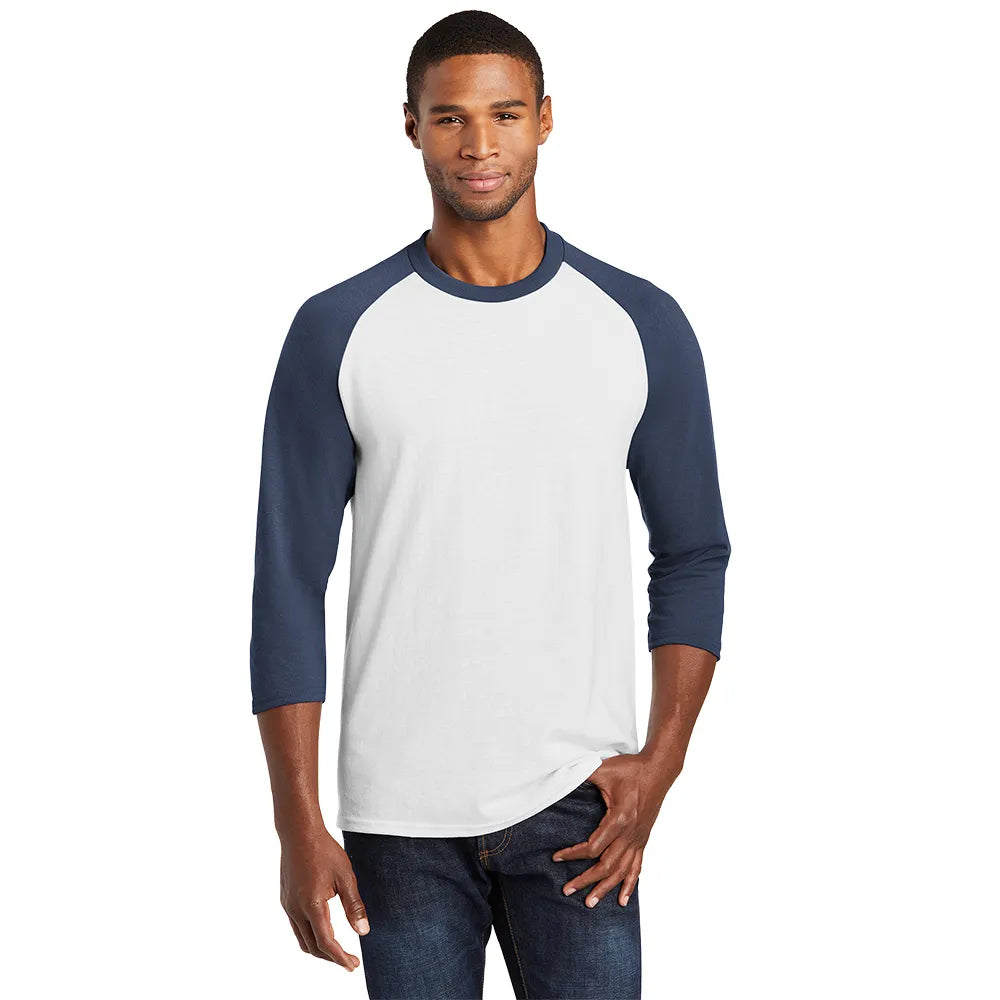 Port & Company Core Blend 3/4-Sleeve Raglan Tee Decorated - White/Navy Blue