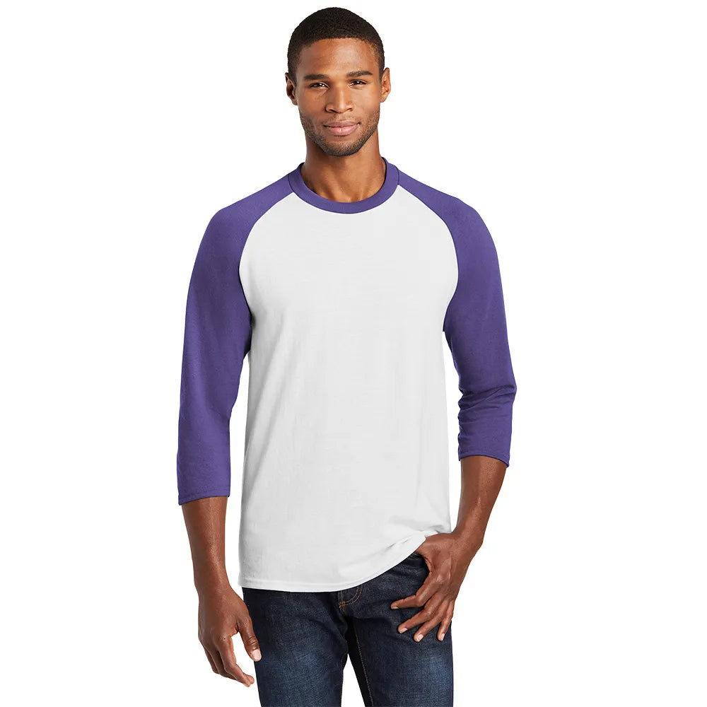 Port & Company Core Blend 3/4-Sleeve Raglan Tee Decorated - White/Purple