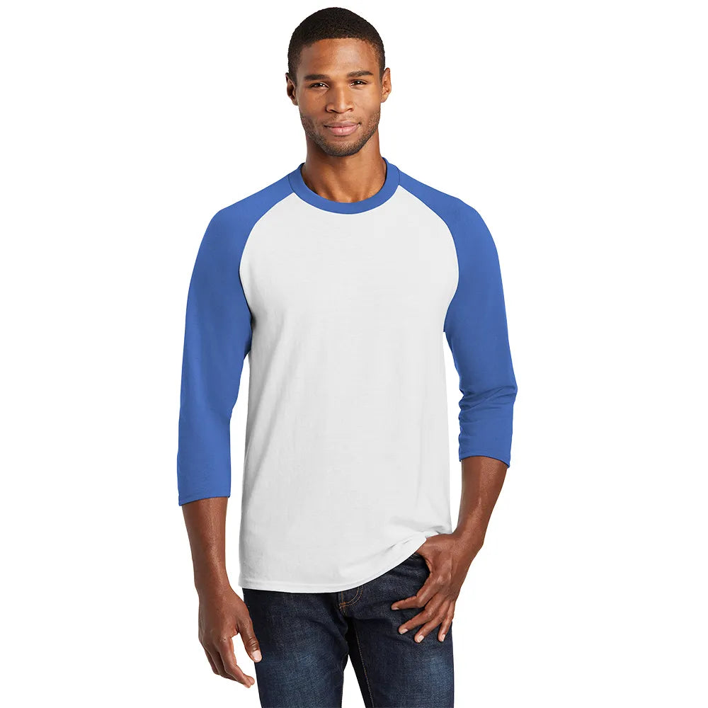 Port & Company Core Blend 3/4-Sleeve Raglan Tee Decorated - White/Royal Blue