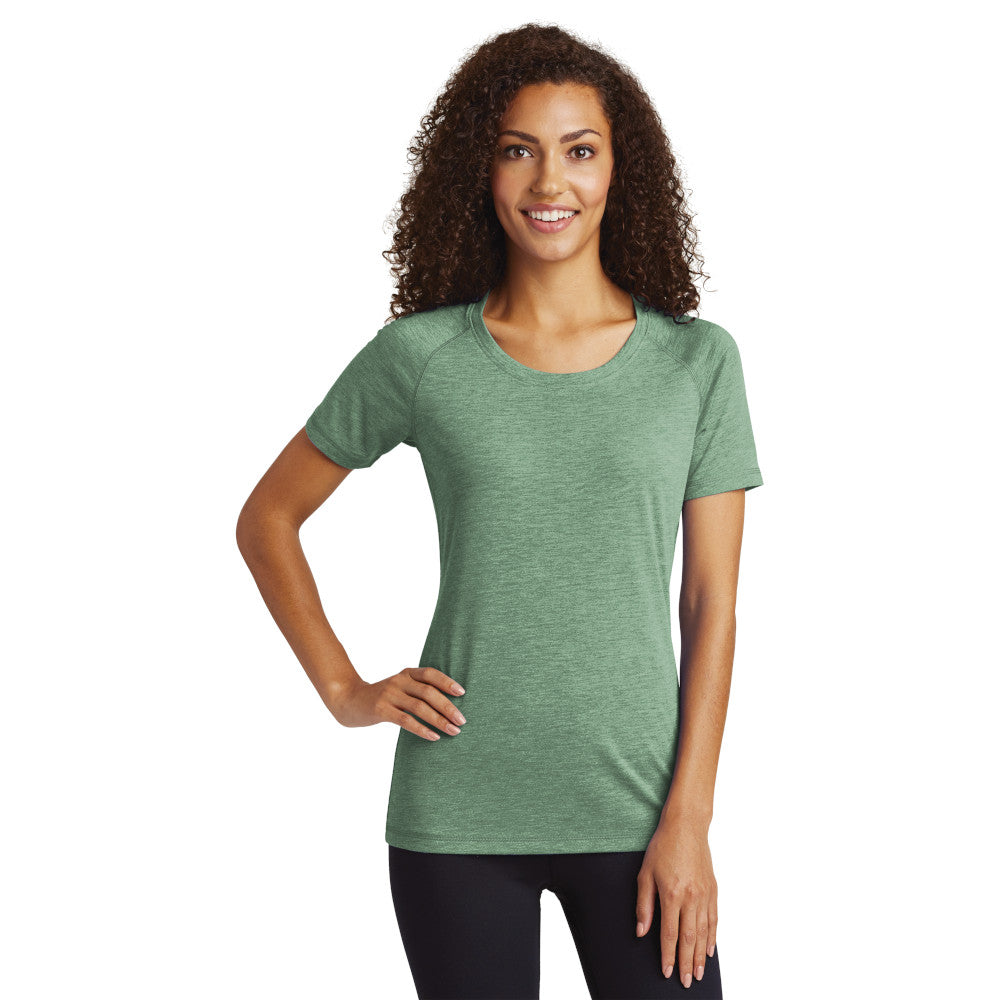 Sport-Tek Women's PosiCharge Tri-Blend Wicking Scoop Neck Raglan Tee Decorated - True Navy Blue Heather
