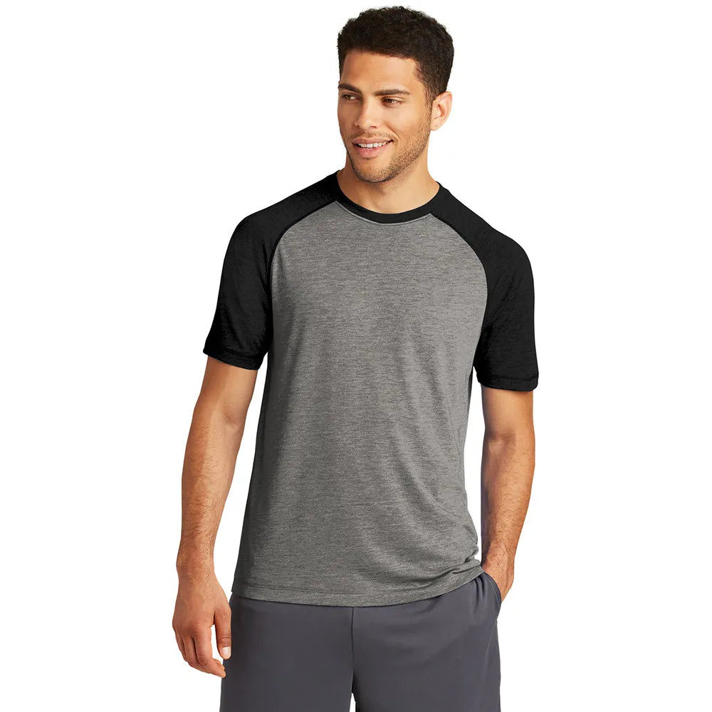 Sport-Tek PosiCharge Tri-Blend Wicking Raglan Tee Decorated - Black Triad Solid/Dark Grey Heather (PMS BLACK C)