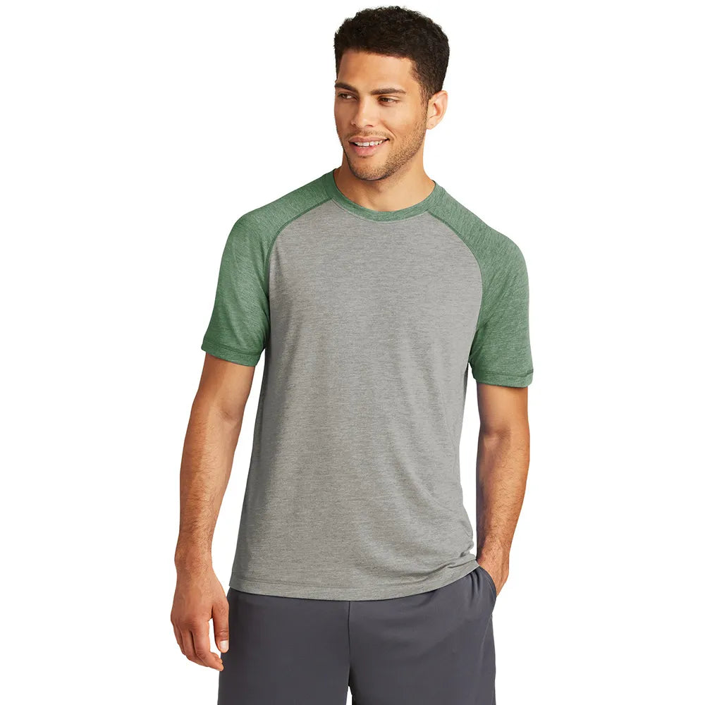 Sport-Tek PosiCharge Tri-Blend Wicking Raglan Tee Decorated - Forest Green Heather/Light Grey Heather (PMS 3435C)