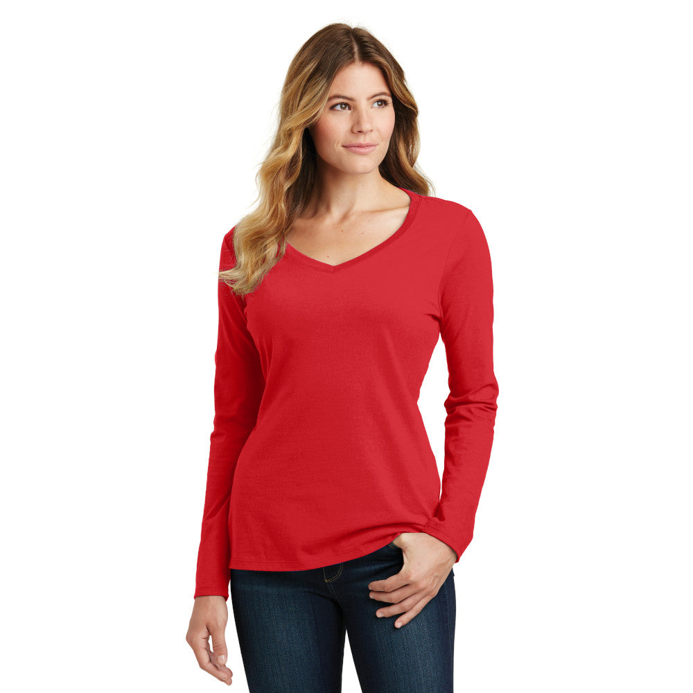 Port & Company Women's Long Sleeve Fan Favorite V-Neck Tee Decorated - Bright Red