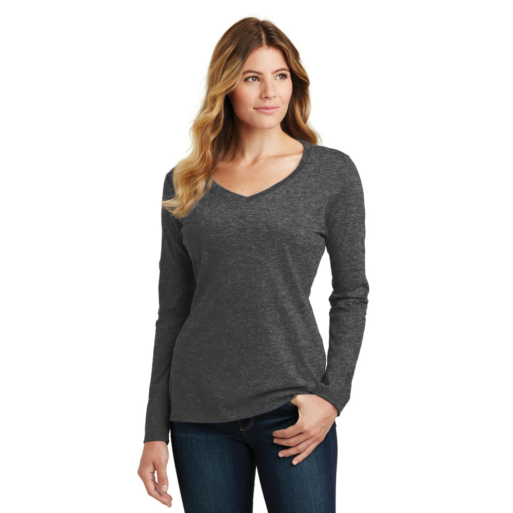 Port & Company Women's Long Sleeve Fan Favorite V-Neck Tee Decorated - Dark Heather Grey