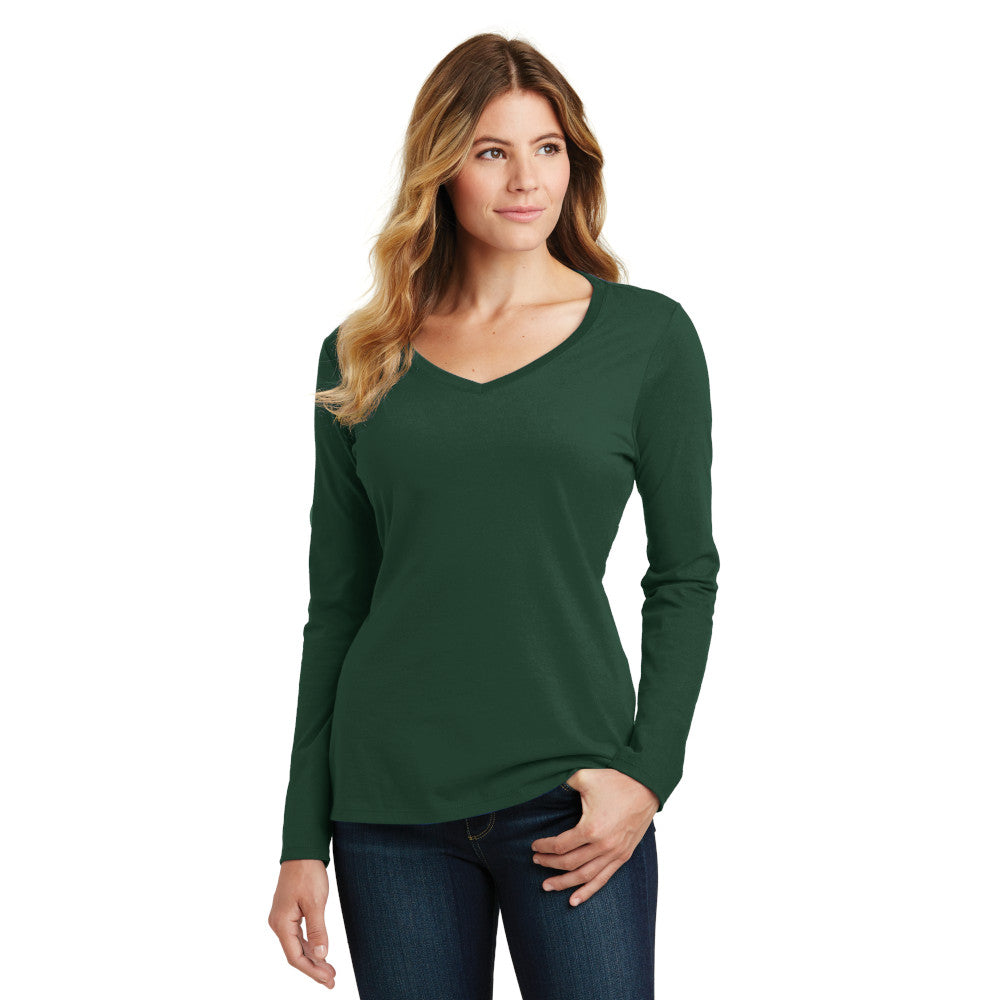 Port & Company Women's Long Sleeve Fan Favorite V-Neck Tee Decorated - Forest Green