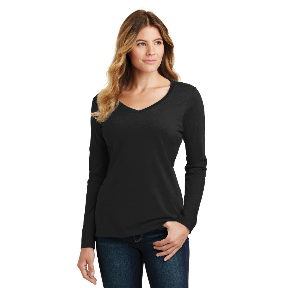 Port & Company Women's Long Sleeve Fan Favorite V-Neck Tee Decorated - Jet Black