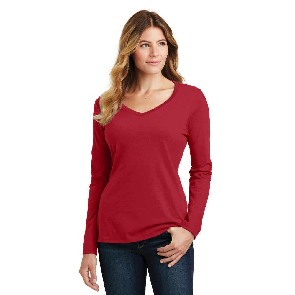 Port & Company Women's Long Sleeve Fan Favorite V-Neck Tee Decorated - Team Cardinal Red