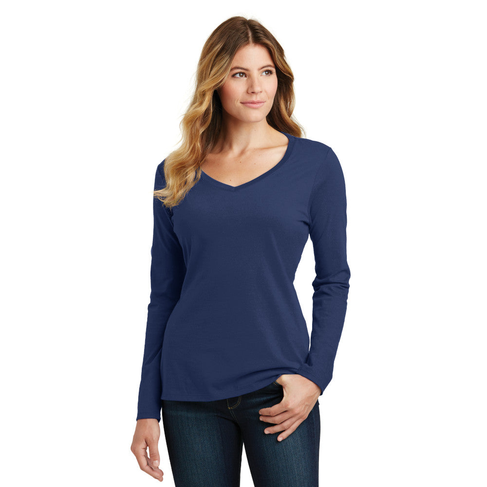 Port & Company Women's Long Sleeve Fan Favorite V-Neck Tee Decorated - Team Navy Blue