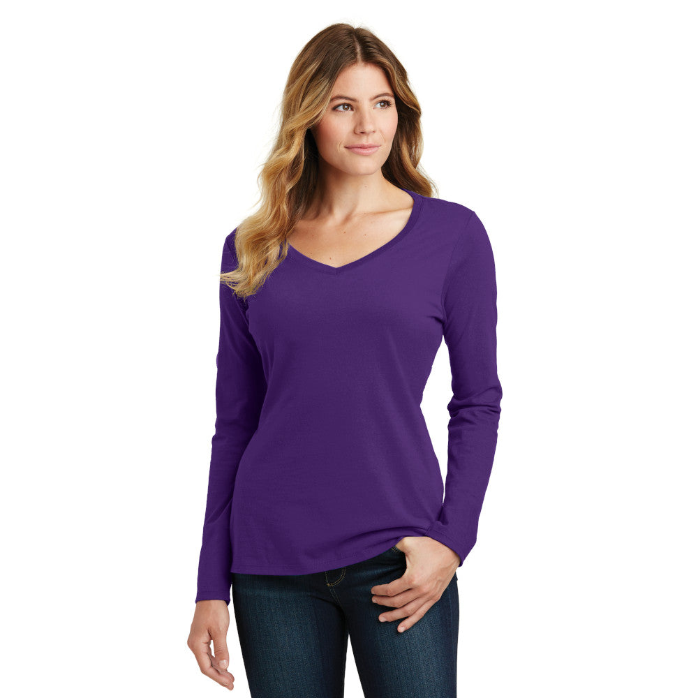 Port & Company Women's Long Sleeve Fan Favorite V-Neck Tee Decorated - Team Purple