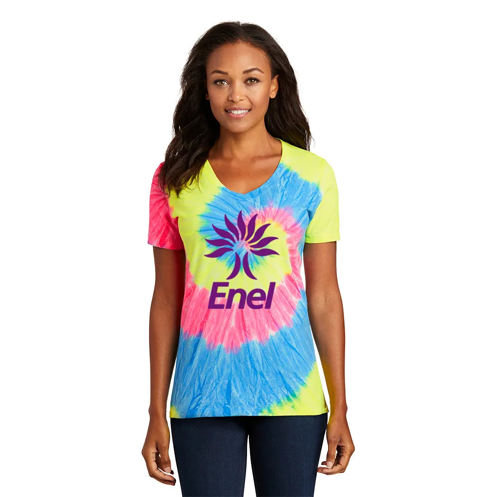 Port & Company Women's Tie-Dye V-Neck Tee Decorated - Neon Rainbow