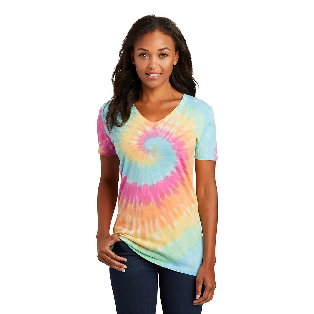 Port & Company Women's Tie-Dye V-Neck Tee Decorated - Pastel Rainbow