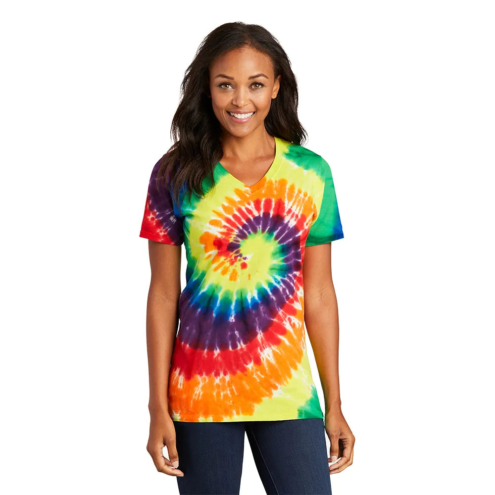 Port & Company Women's Tie-Dye V-Neck Tee Decorated - Rainbow