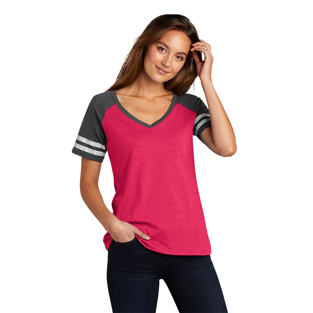 District Women’s Game V-Neck Tee Decorated - Heathered Pink Watermelon/Heathered Grey Charcoal