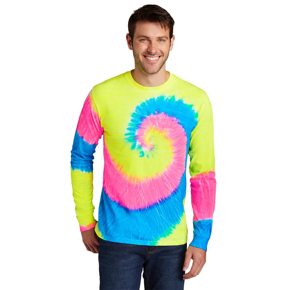 Port & Company Tie-Dye Long Sleeve Tee Decorated - Neon Rainbow /multicolored