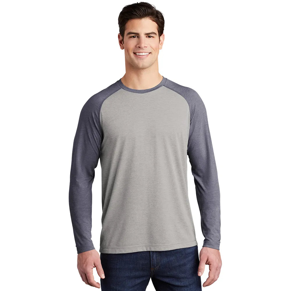 Sport-Tek PosiCharge Long Sleeve Tri-Blend Wicking Raglan Tee Decorated - True Navy Blue Heather/Light Grey Heather