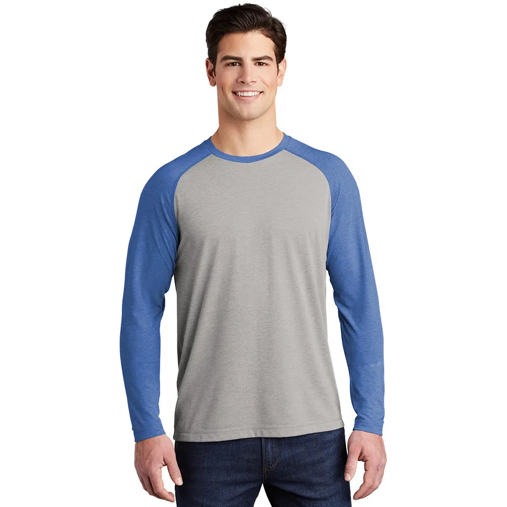 Sport-Tek PosiCharge Long Sleeve Tri-Blend Wicking Raglan Tee Decorated - True Royal Blue Heather/Light Grey Heather