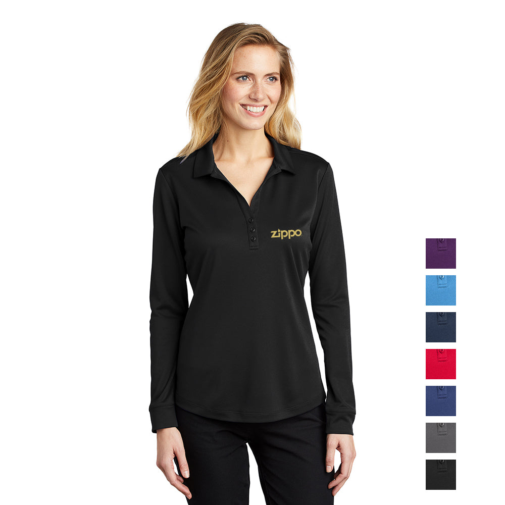 Port Authority Port Authority Women's Silk Touch Performance Long Sleeve Embroidered Polo - Black