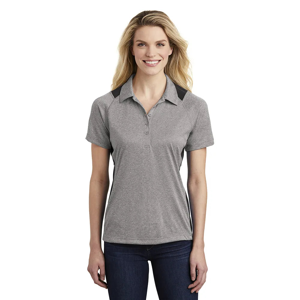 Sport-Tek Women's Heather Colorblock Contender Embroidered Polo - Vintage Grey Heather/Deep Orange (PMS 173C)