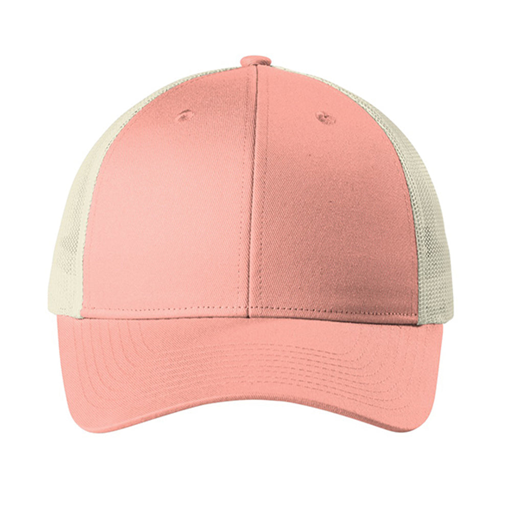 Port Authority Low-Profile Snapback Trucker Embroidered Cap - Soft Coral Orange/Ecru White