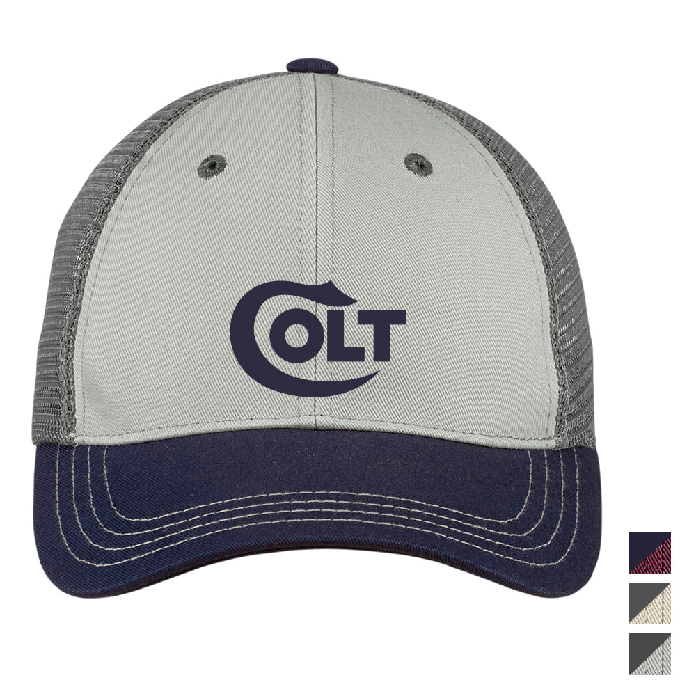 District Tri-Tone Mesh Back Embroidered Cap – Sandstone Beige/Charcoal Grey/Black (PMS 9183C)