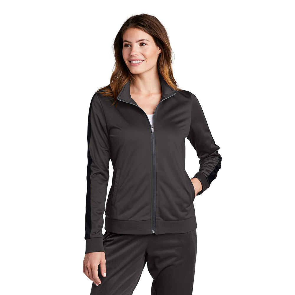 Sport-Tek Ladies Tricot Sleeve Stripe Track Embroidered Jacket - True Navy Blue/White