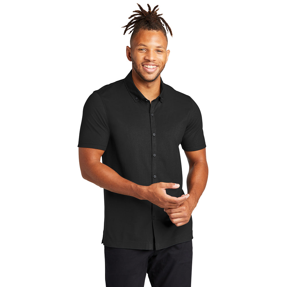 MERCER+METTLE Stretch Pique Full-Button Embroidered Polo - Deep Black