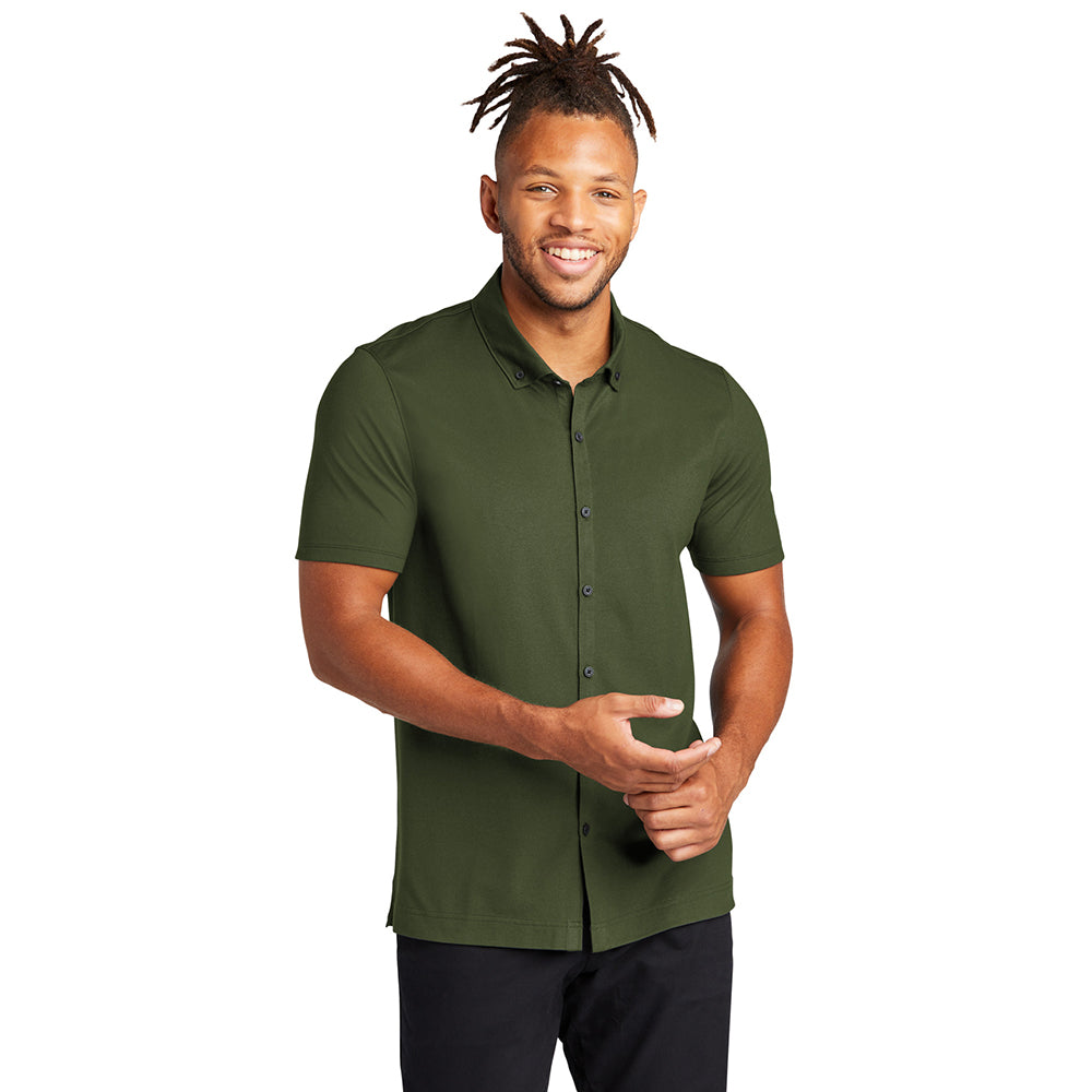 MERCER+METTLE Stretch Pique Full-Button Embroidered Polo - Townsend Green