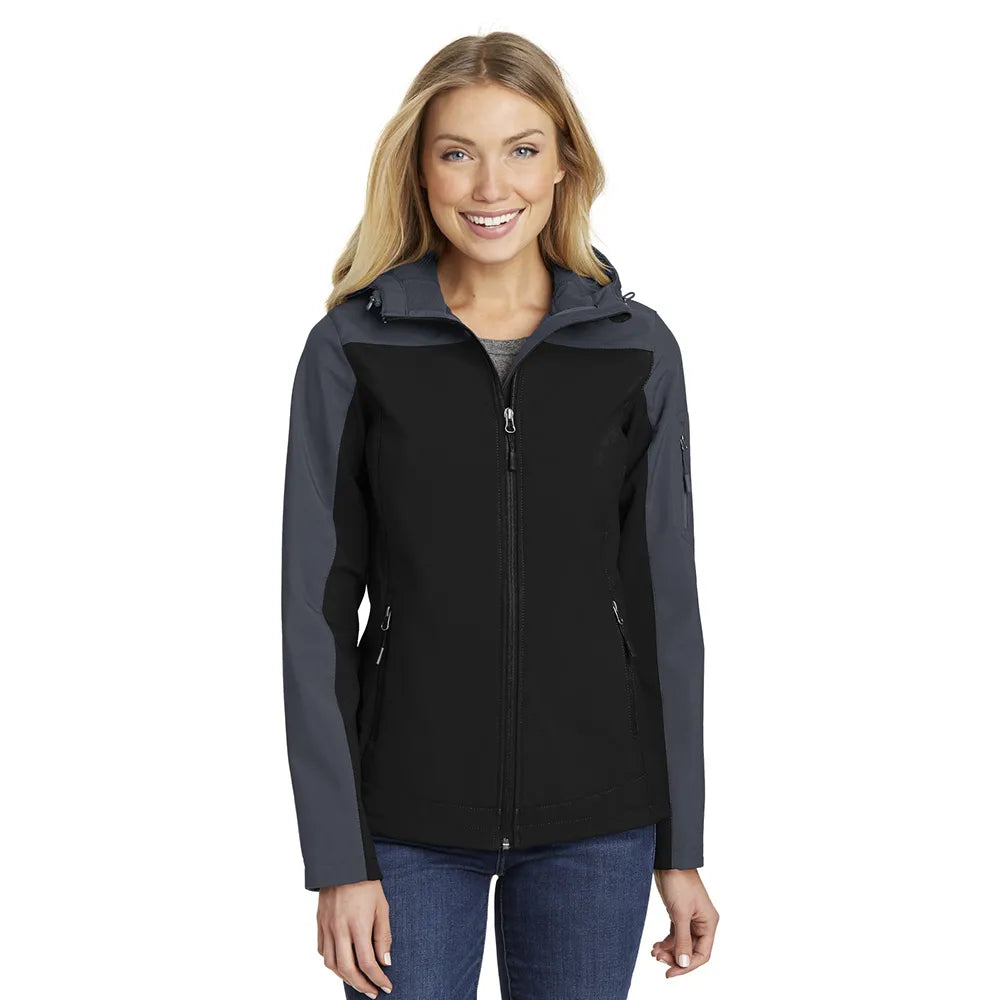 Port Authority Women's Hooded Core Soft Shell Embroidered Jacket - Dress Blue Navy/Battleship Grey