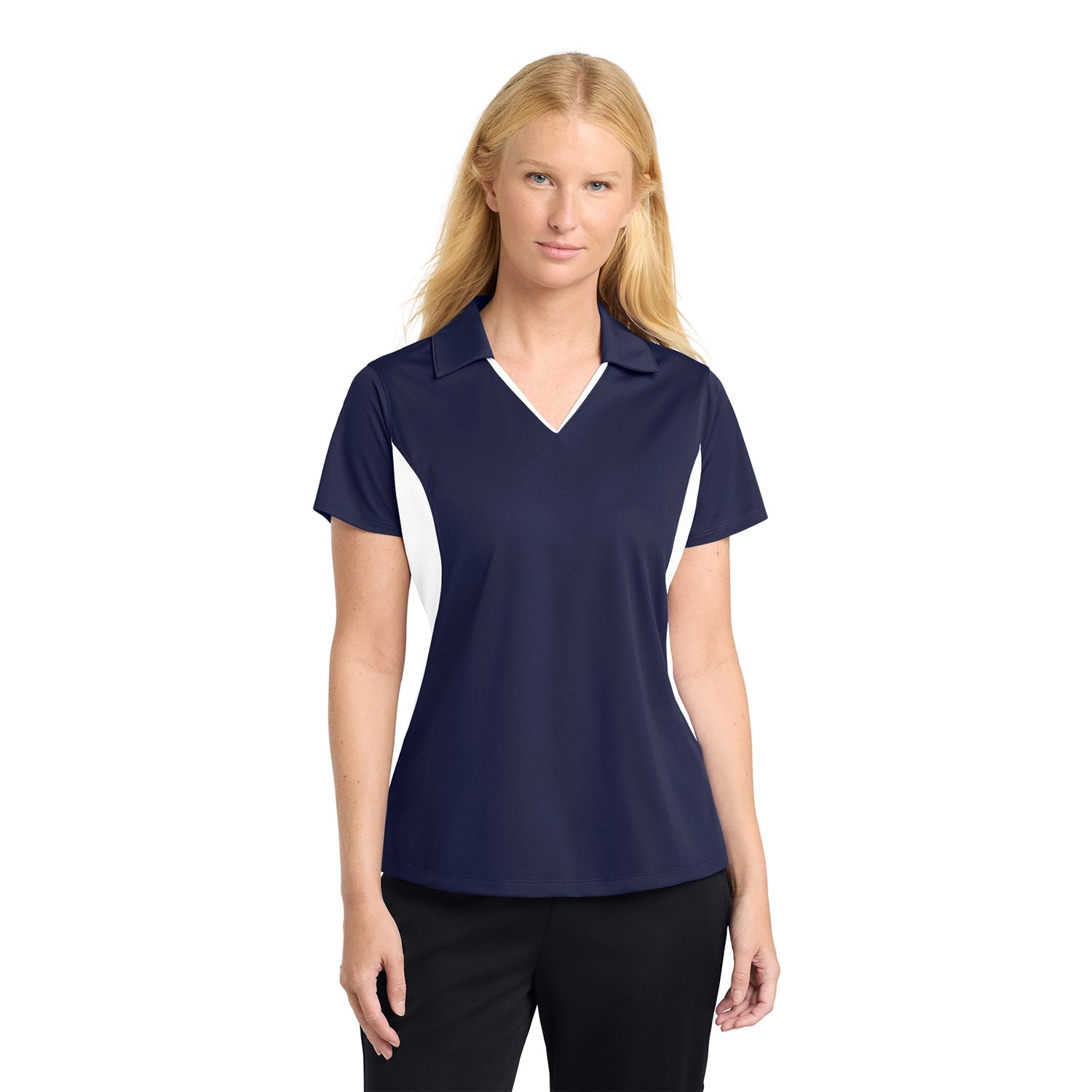 SportTek Women's Side Blocked Micropique SportWick Embroidered Polo