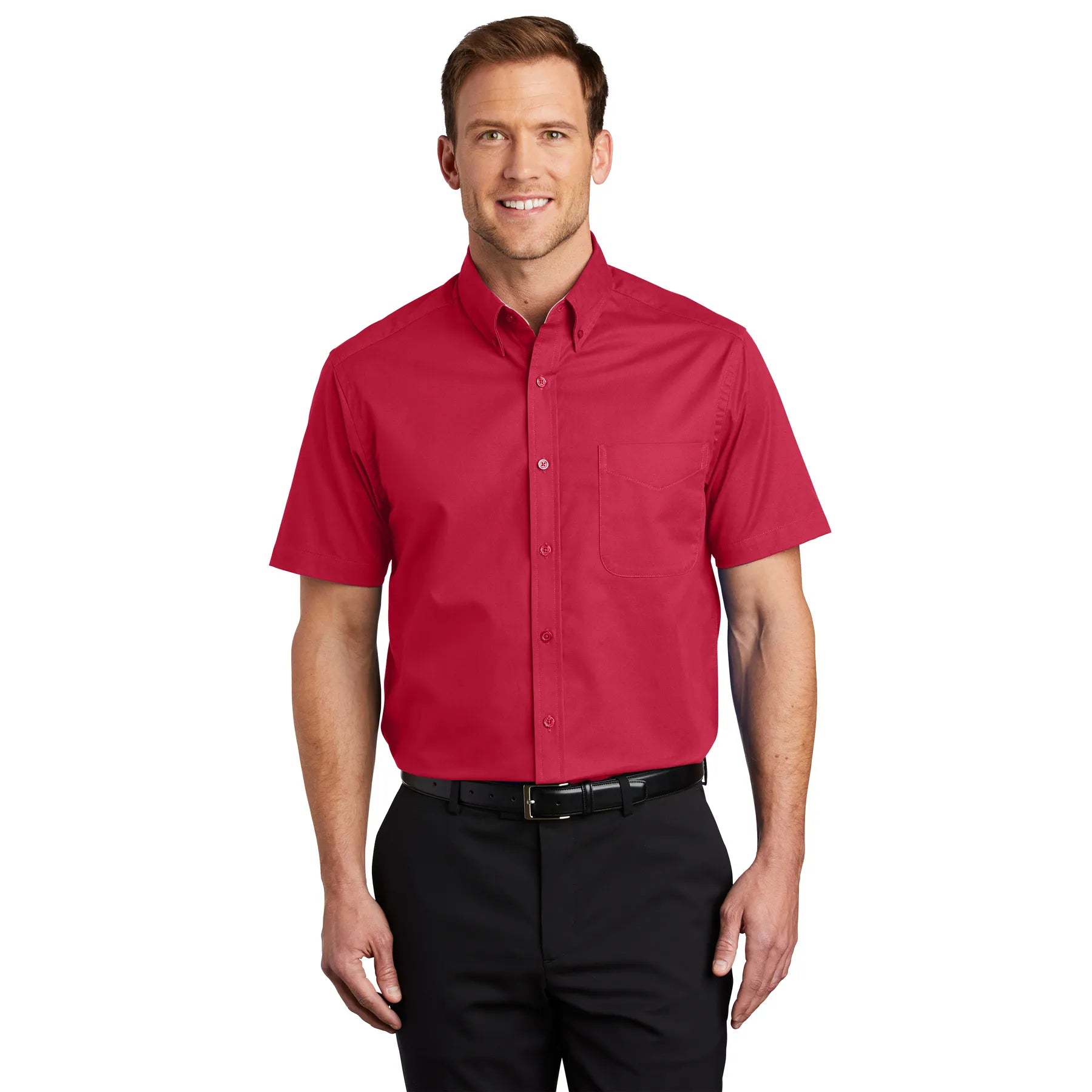 Port Authority Short Sleeve Easy Care Embroidered Shirt - Red/Light Stone Beige
