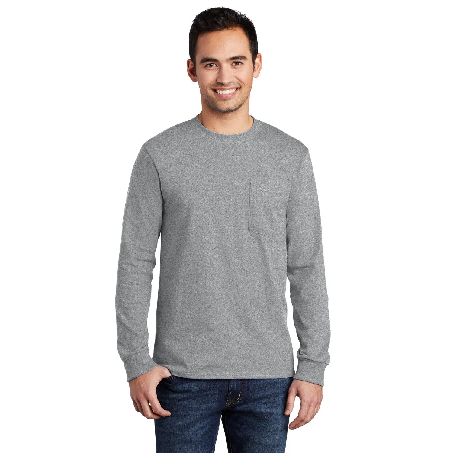Port & Company Long Sleeve Essential Pocket Tee Decorated - Athletic Grey Heather