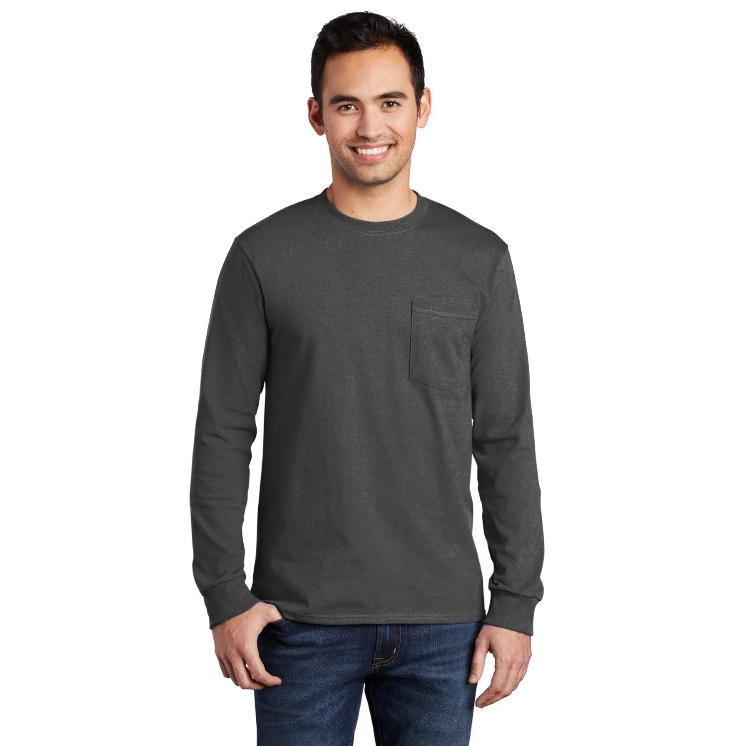 Port & Company Long Sleeve Essential Pocket Tee Decorated - Charcoal Grey