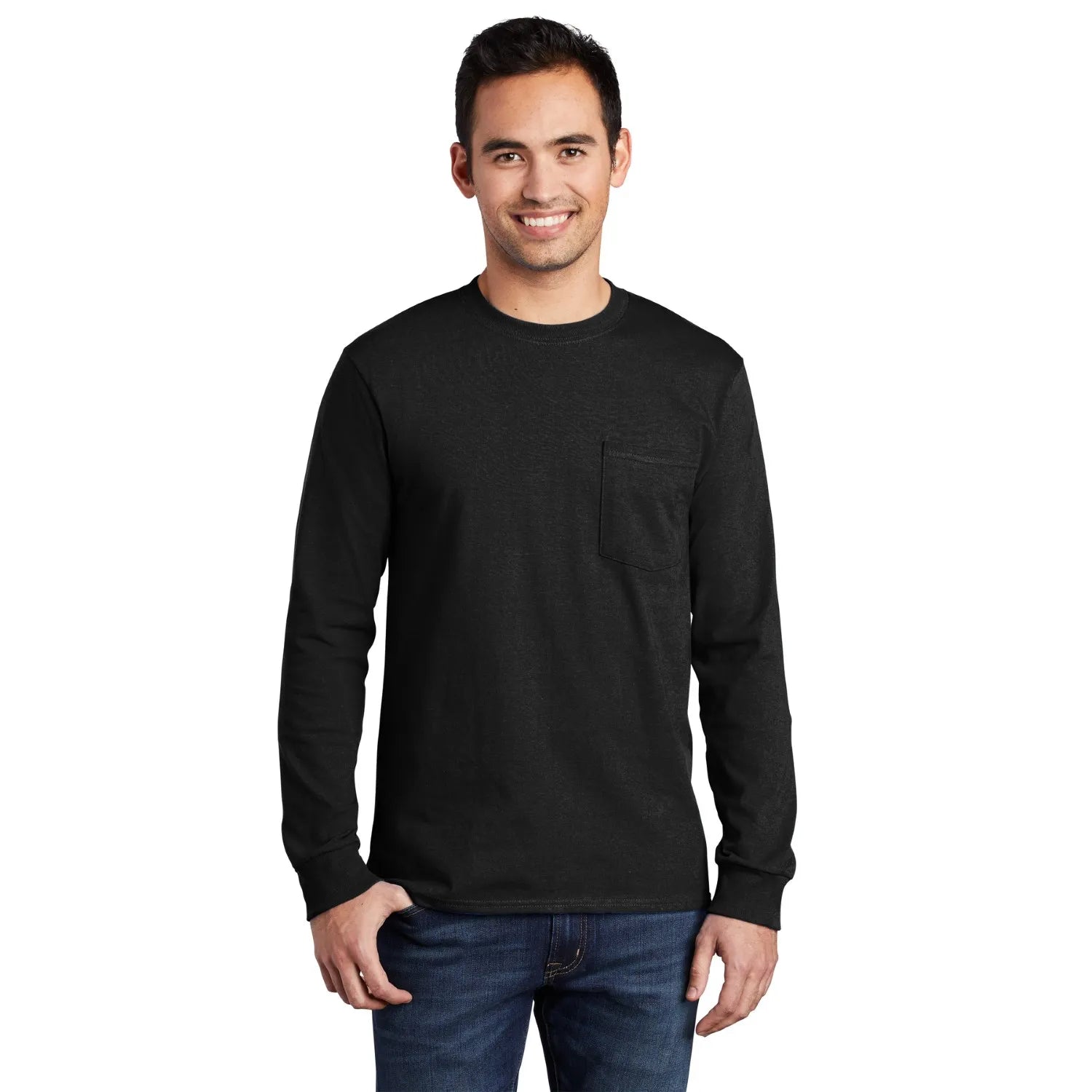 Port & Company Long Sleeve Essential Pocket Tee Decorated - Jet Black