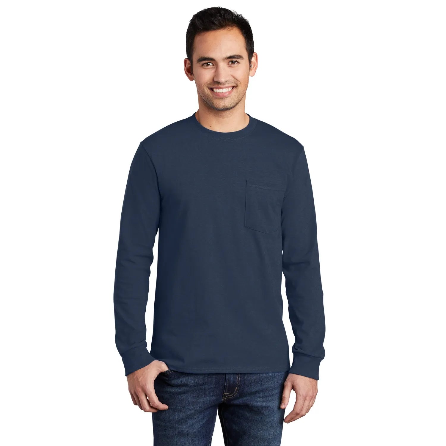 Port & Company Long Sleeve Essential Pocket Tee Decorated - Navy Blue